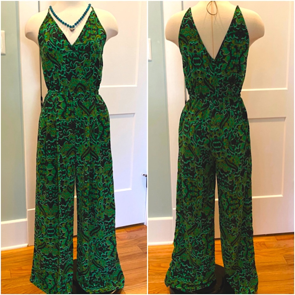 H&M Conscious Wide-Leg Vibrant Green Printed Jumpsuit - sz 6 - Picture 1 of 8